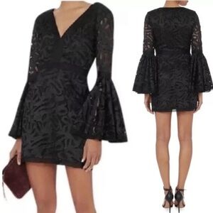 Alexis Behati Black Lace Bell-Sleeve Mini Dress, Size S $600